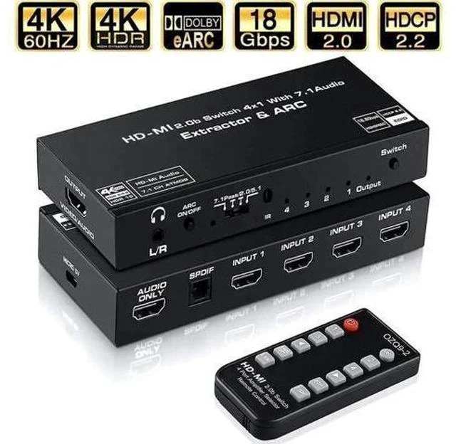 Main image of 4 in 1 Out HDMI 2.0 Switch with Audio Extractor & ARC, 4K@60Hz HDMI Switcher Support Toslink SPDIF + 3.5mm AUX Output, HDCP2.2 Auto Switch IR Remote for 4K TV Home Theater