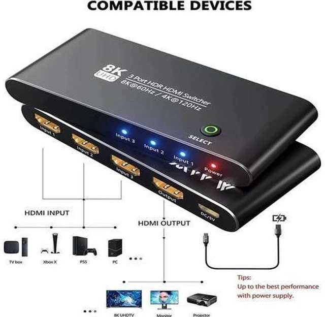 Alt view image 2 of 7 - Aluminum HDMI 2.1 Switch 3 in 1 Out, 48Gbps 8K@60Hz 4K@120Hz 1440P@165Hz 1080P@240Hz Switcher with IR Remote & eARC Audio Return, HDCP2.3 HDR Compatible with Xbox Series X, PS5, UHD TV Monitor
