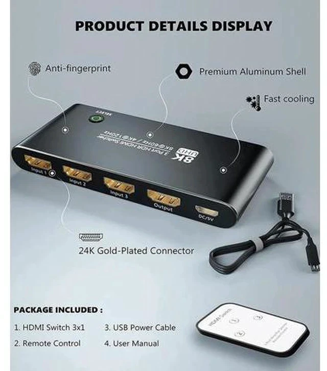 Alt view image 6 of 7 - Aluminum HDMI 2.1 Switch 3 in 1 Out, 48Gbps 8K@60Hz 4K@120Hz 1440P@165Hz 1080P@240Hz Switcher with IR Remote & eARC Audio Return, HDCP2.3 HDR Compatible with Xbox Series X, PS5, UHD TV Monitor