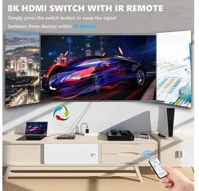 Alt view image 7 of 7 - Aluminum HDMI 2.1 Switch 3 in 1 Out, 48Gbps 8K@60Hz 4K@120Hz 1440P@165Hz 1080P@240Hz Switcher with IR Remote & eARC Audio Return, HDCP2.3 HDR Compatible with Xbox Series X, PS5, UHD TV Monitor