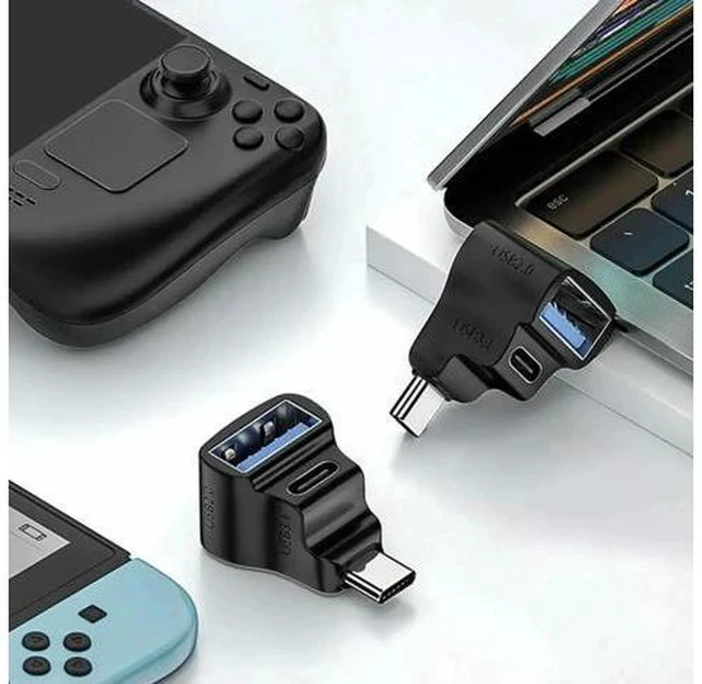 Alt view image 3 of 3 - 1 to 2 180 Degree U-Shaped USB C Splitter Adapter, USB-C Male to USB-C + USB-A Female Dongle 20Gbps 8K@60Hz Video Output OTG Converter Compatible with Steam Deck, Switch, Laptop, Tablet, Phone