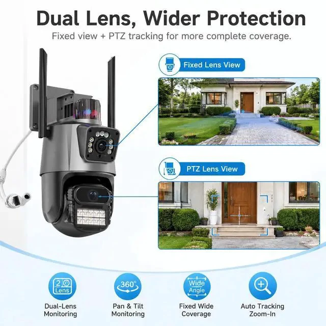 Alt view image 6 of 7 - P11 Dual-Lens PTZ & Fixed Security Camera 4MP Wireless WiFi Outdoor, Remote Viewing, Full-Color Night Vision, Two-Way Audio, US Plug
