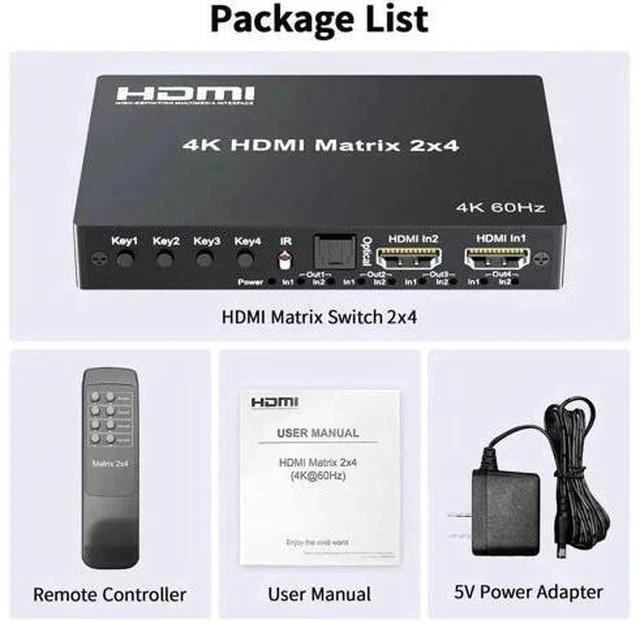 Alt view image 3 of 7 - 2x4 HDMI 2.0 Matrix Switch 4K@60Hz with IR Remote, 2 In 4 Out 18Gbps Video Splitter Support Optical SPDIF + 3.5mm Audio Extractor, HDR HDCP2.2 for NS, PS5, Fire Stick, 4K TV Monitor
