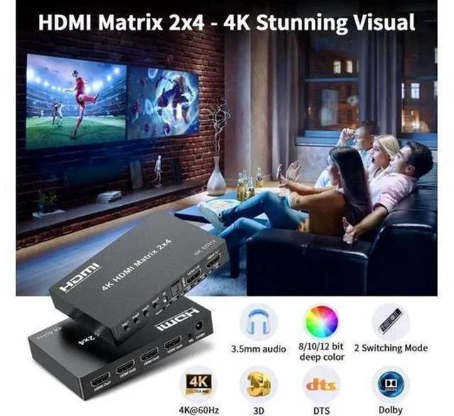 Alt view image 7 of 7 - 2x4 HDMI 2.0 Matrix Switch 4K@60Hz with IR Remote, 2 In 4 Out 18Gbps Video Splitter Support Optical SPDIF + 3.5mm Audio Extractor, HDR HDCP2.2 for NS, PS5, Fire Stick, 4K TV Monitor