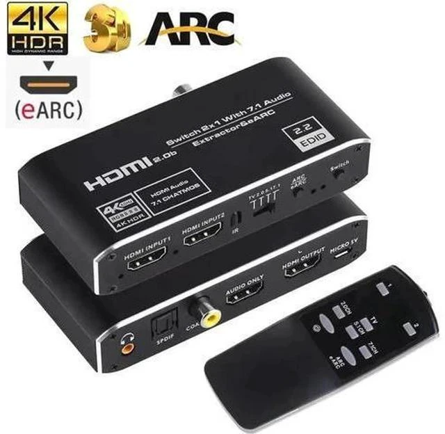Main image of 2 in 1 Out Aluminum HDMI Switch Audio Extractor, 4K@60Hz HDMI 2x1 Switcher with 3.5mm AUX, Coaxial & Optical SPDIF Toslink, Support HDR, 3D, HDCP 2.3, IR Remote Control