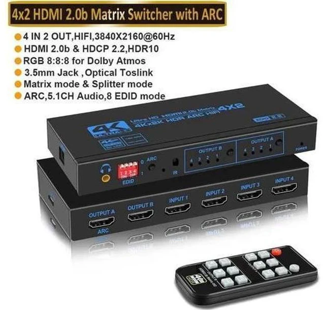 Main image of 4X2 HDMI 2.0b Matrix Switch Model OZJ2-1 with IR Remote & EDID Extractor, 4K@60Hz HDR Video Splitter, ARC SPDIF Optical + 3.5mm Audio Output HDCP2.2 3D 1080P