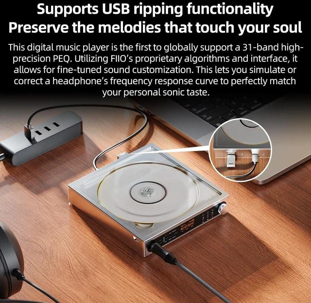 Alt view image 7 of 7 - DM15 Portable Stereo CD Player with True 24Bit R2R DAC, 1150mW+1150mW High-Power Output, aptX Adaptive Bluetooth Transmitter, 24 Sound Presets, USB/CD HiFi Audio, HD Display (Silver)