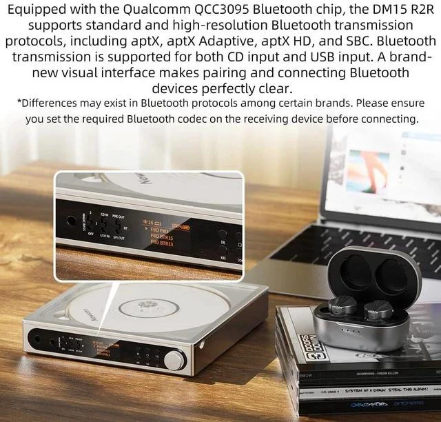 Alt view image 6 of 7 - DM15 Portable Stereo CD Player with True 24Bit R2R DAC, 1150mW+1150mW High-Power Output, aptX Adaptive Bluetooth Transmitter, 24 Sound Presets, USB/CD HiFi Audio, HD Display (Black)