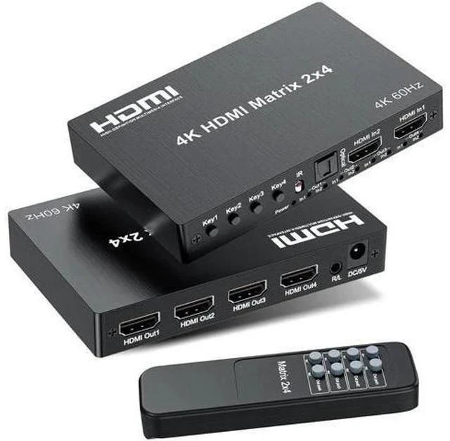 Main image of 2x4 HDMI Matrix Switch 4K@60Hz HDR, HDMI 2.0 18Gbps 2 Input 4 Output Video Splitter with Optical SPDIF & 3.5mm Audio Extractor, HDCP 2.2 IR Remote, for PS5, Nintendo Switch, Fire Stick, Xbox, PC, Blu-