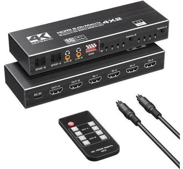 Main image of 4x2 HDMI 2.0b Matrix Switch 4K@60Hz 18.5Gbps, 4-In-2-Out Video Splitter with Optical L/R Audio, IR Remote, HDCP 2.2 & 3D Support
