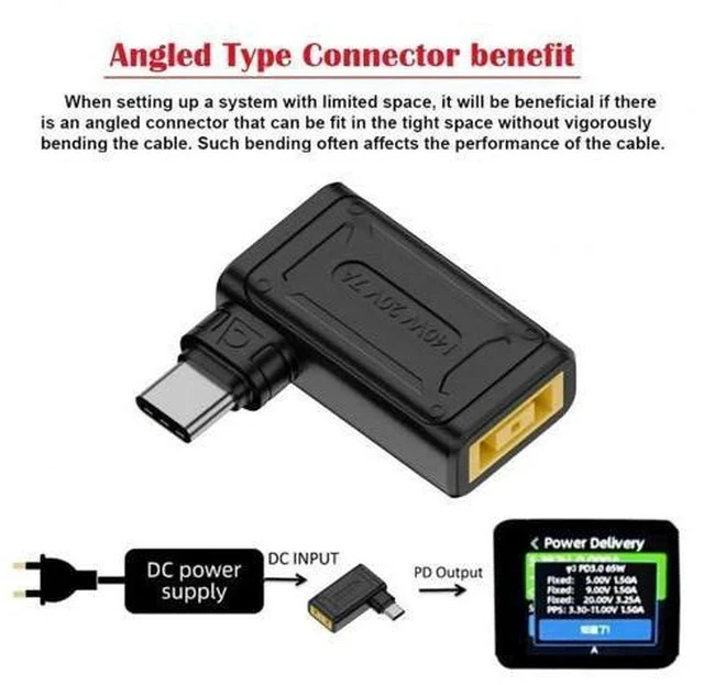 Alt view image 6 of 7 - 90 Degree Angled Rectangle ThinkPad X1 DC Jack to USB-C Female Power Adapter, 100W 140W PD Fast Charging Converter for Laptops & Phones