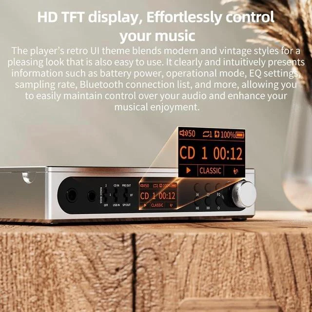 Alt view image 7 of 7 - DM15 Portable Stereo CD Player with True 24Bit R2R DAC, 1150mW+1150mW High-Power Output, aptX Adaptive Bluetooth Transmitter, 24 Sound Presets, USB/CD HiFi Audio, HD Display (White)