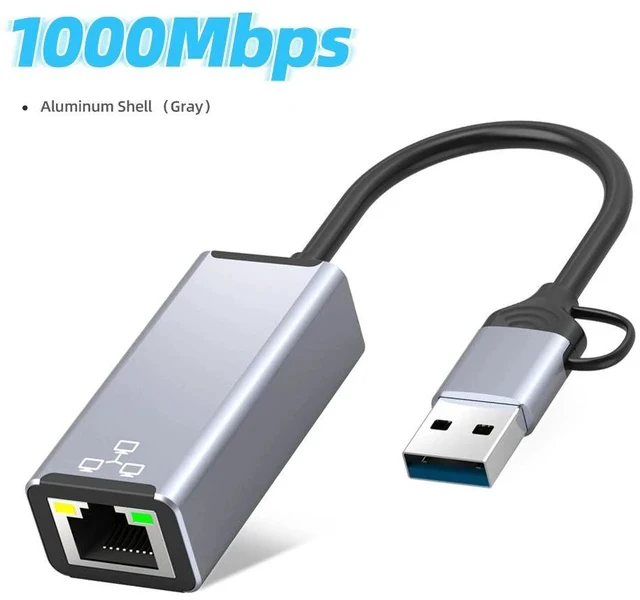 Alt view image 4 of 4 - Dual-Head Type-C / USB to RJ45 Ethernet Adapter Gigabit Wired Network Converter for Phone / PC / Laptop, USB-C & USB-A to 1000Mbps LAN Dongle