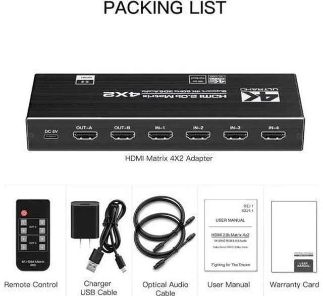 Alt view image 3 of 7 - 4x2 HDMI 2.0b Matrix Switch 4K@60Hz 18.5Gbps, 4-In-2-Out Video Splitter with Optical L/R Audio, IR Remote, HDCP 2.2 & 3D Support
