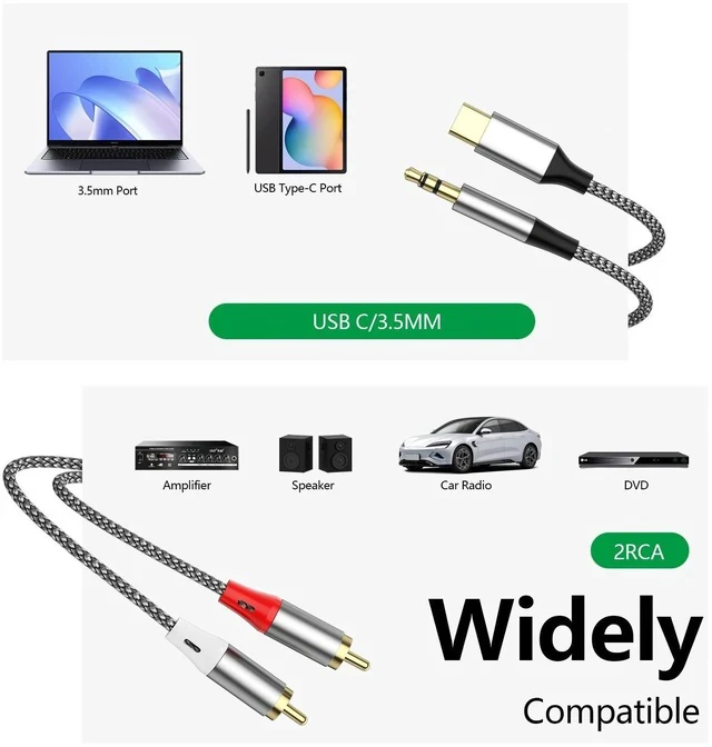 Alt view image 3 of 5 - 2-in-1 USB-C & 3.5mm to 2 RCA Audio Adapter Cable, Braided Stereo Y-Splitter with DAC Chip, Gold-Plated Aux to RCA Cord for Smartphone, Tablet, Laptop to Amplifier, Soundbar, Home Theater & Subwoofer