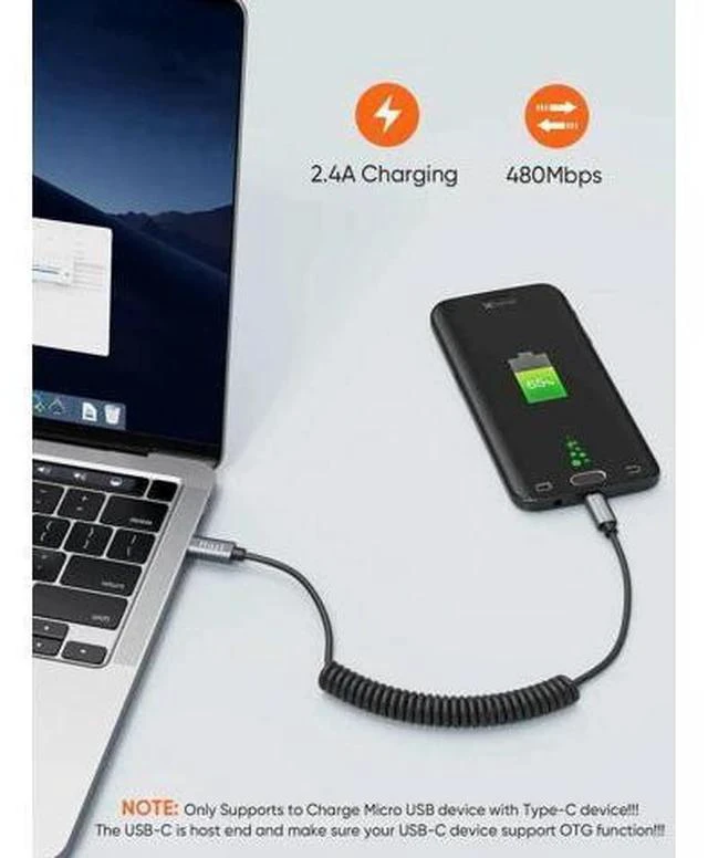 Alt view image 5 of 7 - 4FT/1.2M Coiled USB-C to Micro USB OTG Cable, 480Mbps Charging & Data Cord, Black