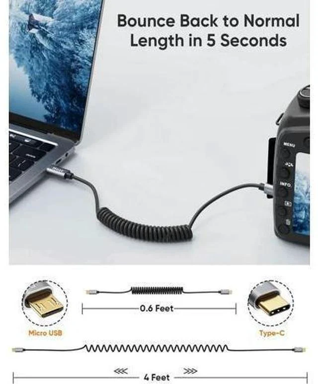 Alt view image 7 of 7 - 4FT/1.2M Coiled USB-C to Micro USB OTG Cable, 480Mbps Charging & Data Cord, Black