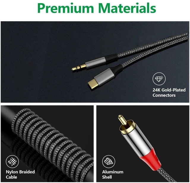 Alt view image 4 of 5 - 2-in-1 USB-C & 3.5mm to 2 RCA Audio Adapter Cable, Braided Stereo Y-Splitter with DAC Chip, Gold-Plated Aux to RCA Cord for Smartphone, Tablet, Laptop to Amplifier, Soundbar, Home Theater & Subwoofer