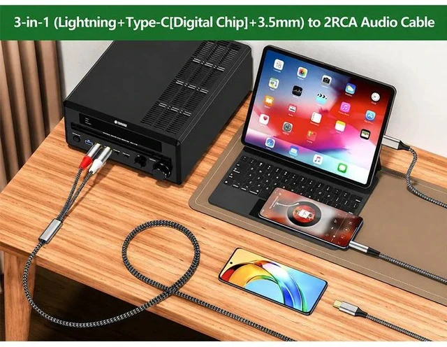 Alt view image 4 of 4 - Universal 3.5mm / USB Type-C / Lightning to Dual RCA Stereo Audio Cable, Nylon Braided Y-Splitter Cord for Cell Phones, Tablets to AV Receiver, Car Radio, Speaker System & Home Theater