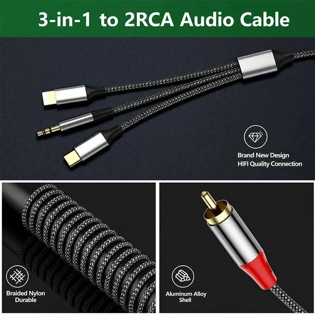 Alt view image 3 of 4 - Universal 3.5mm / USB Type-C / Lightning to Dual RCA Stereo Audio Cable, Nylon Braided Y-Splitter Cord for Cell Phones, Tablets to AV Receiver, Car Radio, Speaker System & Home Theater