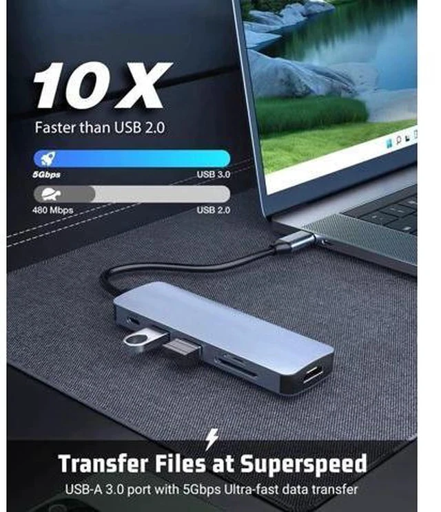 Alt view image 6 of 7 - 6-in-1 USB C Multiport Hub Adapter, 4K HDMI Output, 100W PD Charging, USB3.0, USB2.0, SD & TF Card Reader, Portable Type-C Splitter Compatible with MacBook Air/Pro M1/M2, Surface Go & All USB-C Laptop