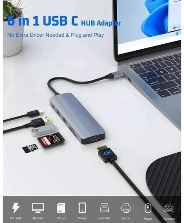 Alt view image 7 of 7 - 6-in-1 USB C Multiport Hub Adapter, 4K HDMI Output, 100W PD Charging, USB3.0, USB2.0, SD & TF Card Reader, Portable Type-C Splitter Compatible with MacBook Air/Pro M1/M2, Surface Go & All USB-C Laptop