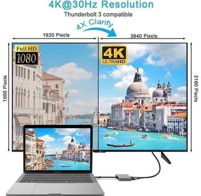 Alt view image 2 of 7 - 4-in-1 Gray USB C Multiport Hub Adapter, USB Type-C to 4K HDMI 1080P VGA USB3.0 PD Charging Dongle, Compatible with MacBook Pro, iPad Pro, PixelBook, Dell XPS Laptops