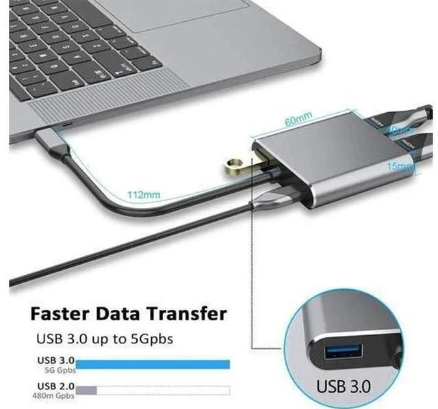 Alt view image 3 of 7 - 4-in-1 Gray USB C Multiport Hub Adapter, USB Type-C to 4K HDMI 1080P VGA USB3.0 PD Charging Dongle, Compatible with MacBook Pro, iPad Pro, PixelBook, Dell XPS Laptops