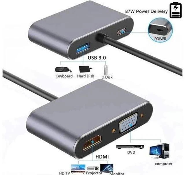 Alt view image 7 of 7 - 4-in-1 Gray USB C Multiport Hub Adapter, USB Type-C to 4K HDMI 1080P VGA USB3.0 PD Charging Dongle, Compatible with MacBook Pro, iPad Pro, PixelBook, Dell XPS Laptops