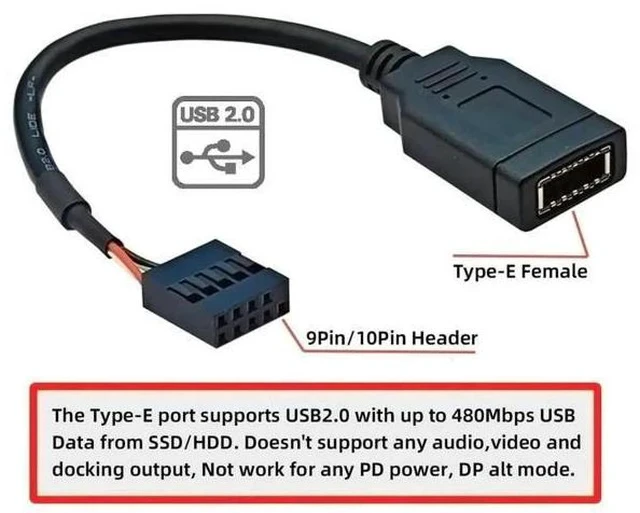 Alt view image 2 of 7 - USB2.0 9Pin Male to USB3.1 Type-E Key-A Female Header Extension Cable, Mainboard to Front Type-C Panel Cord, 0.49FT