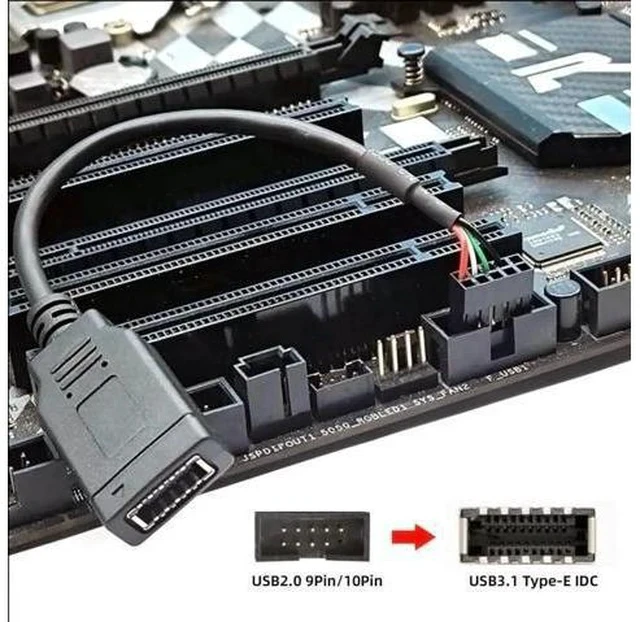 Alt view image 3 of 7 - USB2.0 9Pin Male to USB3.1 Type-E Key-A Female Header Extension Cable, Mainboard to Front Type-C Panel Cord, 0.49FT