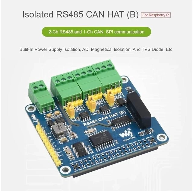 Alt view image 2 of 7 - 2-Channel RS485 and 1-Channel CAN Expansion Board Isolated RS485 CAN HAT (B) for Raspberry Pi 4B/3B+/3B/2B/B+/A+/Zero W/Zero WH,Multiple Protection Circuits,SPI Communication