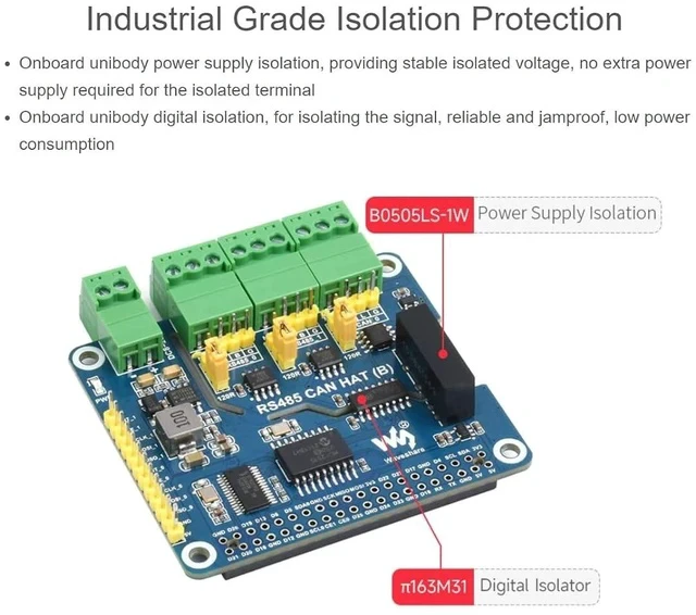 Alt view image 3 of 7 - 2-Channel RS485 and 1-Channel CAN Expansion Board Isolated RS485 CAN HAT (B) for Raspberry Pi 4B/3B+/3B/2B/B+/A+/Zero W/Zero WH,Multiple Protection Circuits,SPI Communication