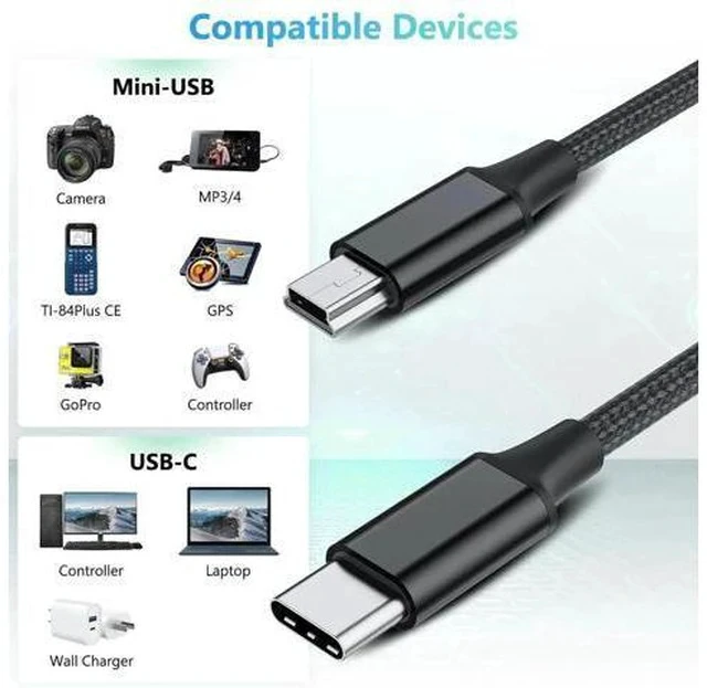 Alt view image 2 of 7 - 5FT Braided USB-C to Mini USB Cable, 480Mbps OTG Charging Cord for Camera, PS3 Controller, Dash Cam, Ti-84 Plus