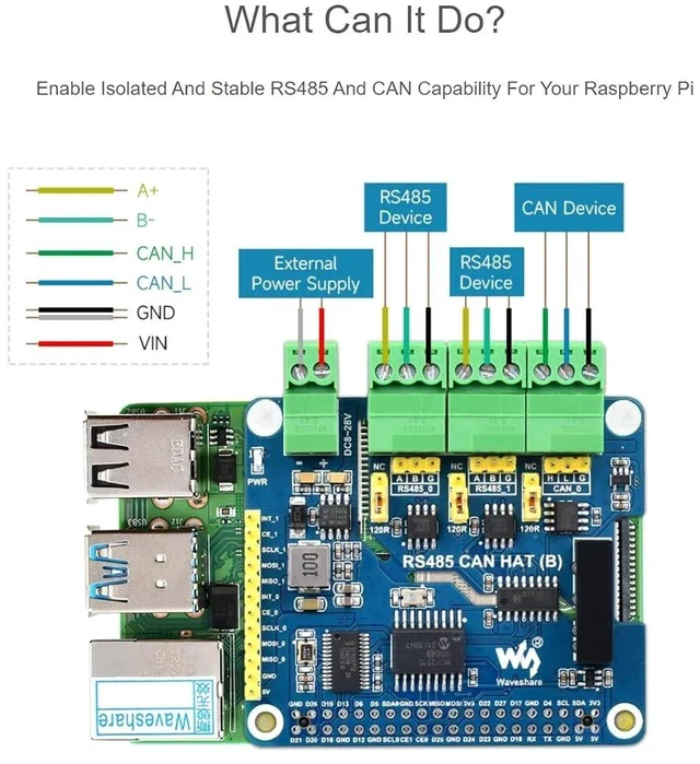 Alt view image 6 of 7 - 2-Channel RS485 and 1-Channel CAN Expansion Board Isolated RS485 CAN HAT (B) for Raspberry Pi 4B/3B+/3B/2B/B+/A+/Zero W/Zero WH,Multiple Protection Circuits,SPI Communication