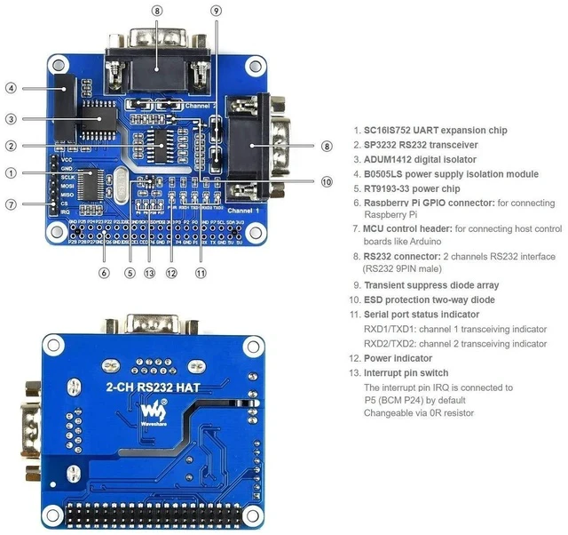 Alt view image 7 of 7 - 2-Channel Isolated RS232 Expansion HAT for Raspberry Pi Model 4 B/3B+/3B/2B/B+/A+/Zero/Zero W Adopts SC16IS752+SP3232 Combination, Converts SPI to RS232, Data Rate up to 921600bps
