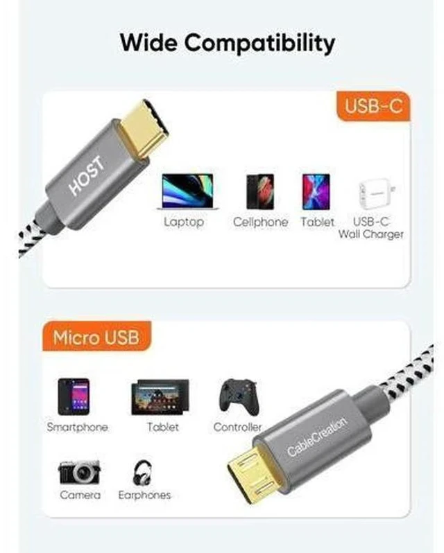 Alt view image 2 of 7 - 0.2M/0.65FT Braided USB-C to Micro USB OTG Cable, 480Mbps Short Cord for Chargers, Phones & Laptops