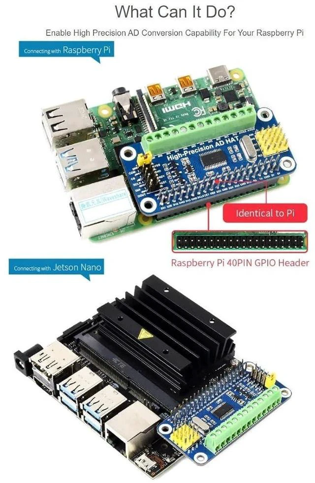Alt view image 4 of 7 - High-Precision AD HAT for Raspberry Pi, ADS1263 10-Ch 32-bit ADC, GPIO Connectivity
