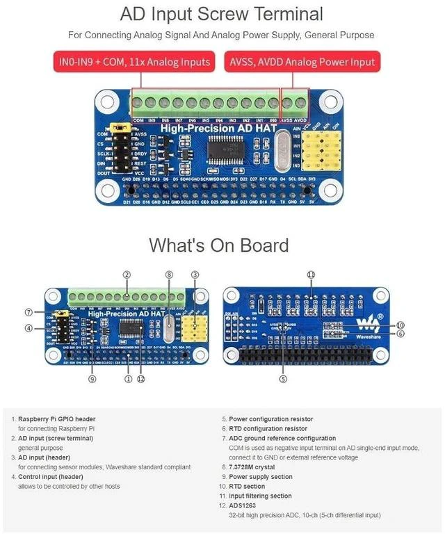Alt view image 6 of 7 - High-Precision AD HAT for Raspberry Pi, ADS1263 10-Ch 32-bit ADC, GPIO Connectivity