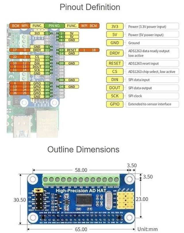Alt view image 7 of 7 - High-Precision AD HAT for Raspberry Pi, ADS1263 10-Ch 32-bit ADC, GPIO Connectivity