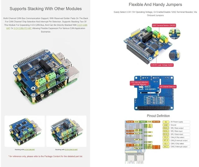 Alt view image 4 of 7 - 2-Channel Isolated CAN Bus Expansion HAT Compatible with Raspberry Pi 5/4B/3B+/Zero/Zero W/Zero WH/Jetson Nano,2-CH CAN HAT with MCP2515 + SN65HVD230 Dual Chips Solution