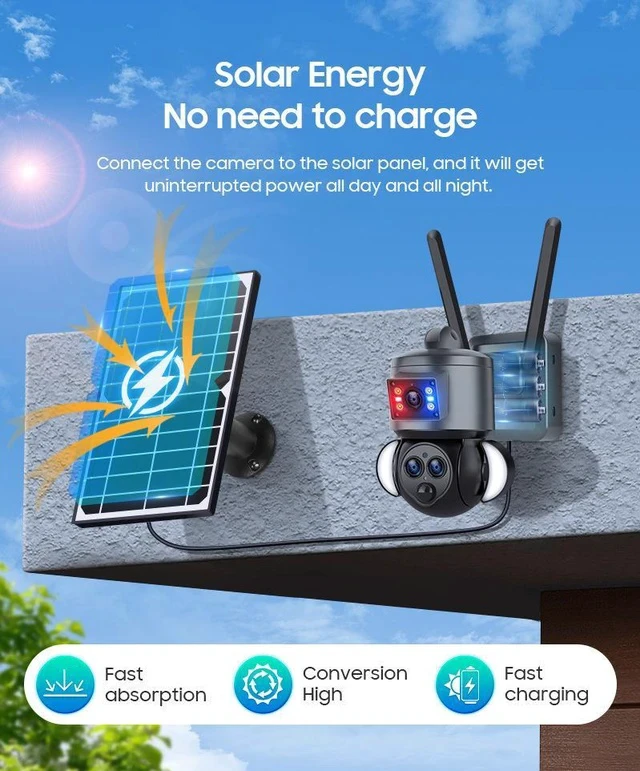 Alt view image 5 of 7 - 15X Zoom Solar Security Camera, 3-Lens Outdoor PTZ, 4G/WiFi Wireless, IR Night Vision, Motion Tracking, PIR Alert, IP66 Weatherproof