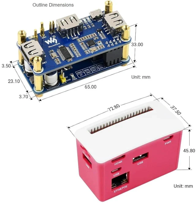 Alt view image 7 of 7 - PoE Ethernet USB HUB HAT with Box ABX Case for Raspberry Pi Zero/Zerow/2, with 1 RJ45 10/100M Ethernet Port, 3 USB Ports Compatible with USB2.0/1.1, 802.3af-Compliant
