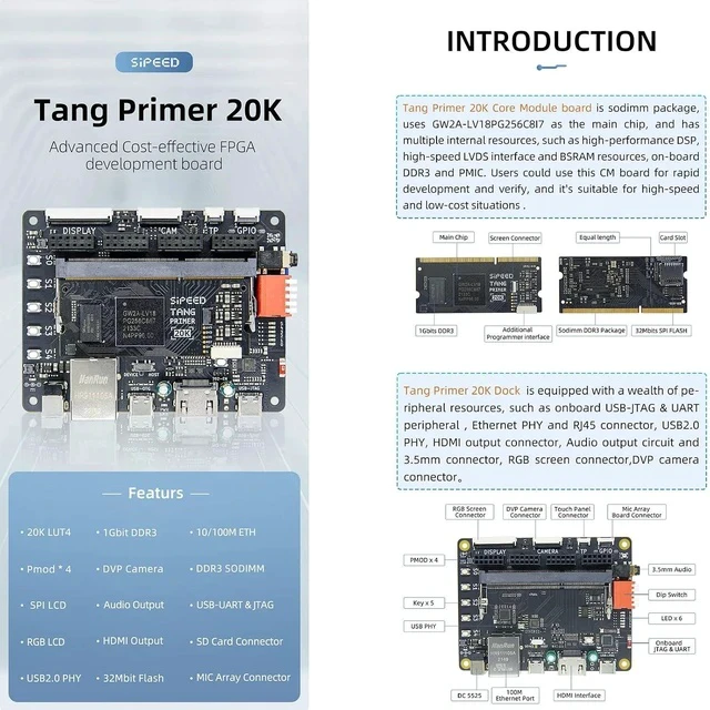 Alt view image 2 of 7 - Sipeed Tang Primer 20K FPGA Development Board MCU, with LUT4, PMOD Port *4, for RISC-V and Embedded Development (with Dock ext-Board)