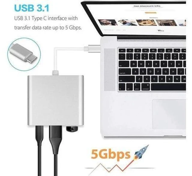 Alt view image 5 of 7 - Silver 3-in-1 USB C Multiport Adapter, 4K HDMI Output, USB 3.0 Data Port & USB-C PD Charging Hub, Type-C Digital Converter Compatible with MacBook, Chromebook Pixel, XPS13, Galaxy S8/S8 Plus