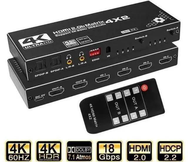 Main image of 4x2 HDMI Matrix Switch 4 in 2 Out with IR Remote Model OZJ1, Supports 4K, 1080P, 3D, RGB 8:8:8, Dolby Atmos, Dual SPDIF & Dual 3.5mm L/R Audio Outputs, Built-in EDID Management