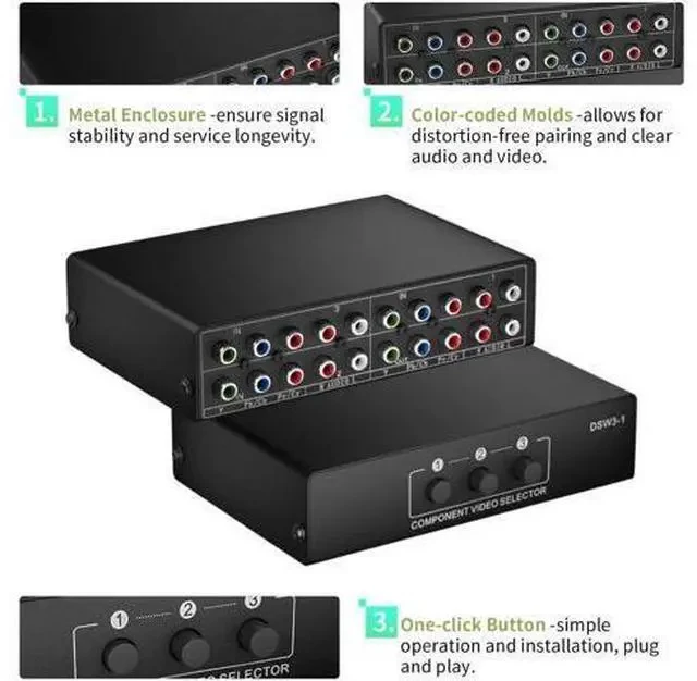 Alt view image 6 of 7 - 3 in 1 Out Component AV Switch Box, 3-Port 5 RCA YPbPr RGB Component Video Selector with L/R Stereo Audio, Supports 1080P, Compatible with Xbox, Wii, PS1/PS2/PS3, SNES, DVD Players, STB and HDTV