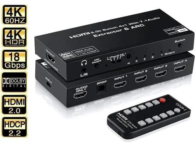 Main image of 4K@60Hz 4 in 1 Out HDMI Switch Audio Extractor with Optical SPDIF & 3.5mm AUX Output, ARC, HDCP 2.2, HDR10, RGB 8:8:8 7.1CH Dolby Atmos, Adjustable EDID Function