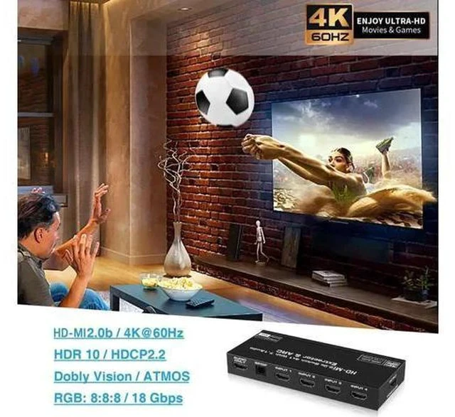 Alt view image 5 of 7 - 4K@60Hz 4 in 1 Out HDMI Switch Audio Extractor with Optical SPDIF & 3.5mm AUX Output, ARC, HDCP 2.2, HDR10, RGB 8:8:8 7.1CH Dolby Atmos, Adjustable EDID Function