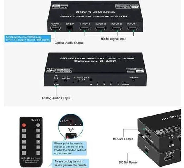 Alt view image 6 of 7 - 4K@60Hz 4 in 1 Out HDMI Switch Audio Extractor with Optical SPDIF & 3.5mm AUX Output, ARC, HDCP 2.2, HDR10, RGB 8:8:8 7.1CH Dolby Atmos, Adjustable EDID Function